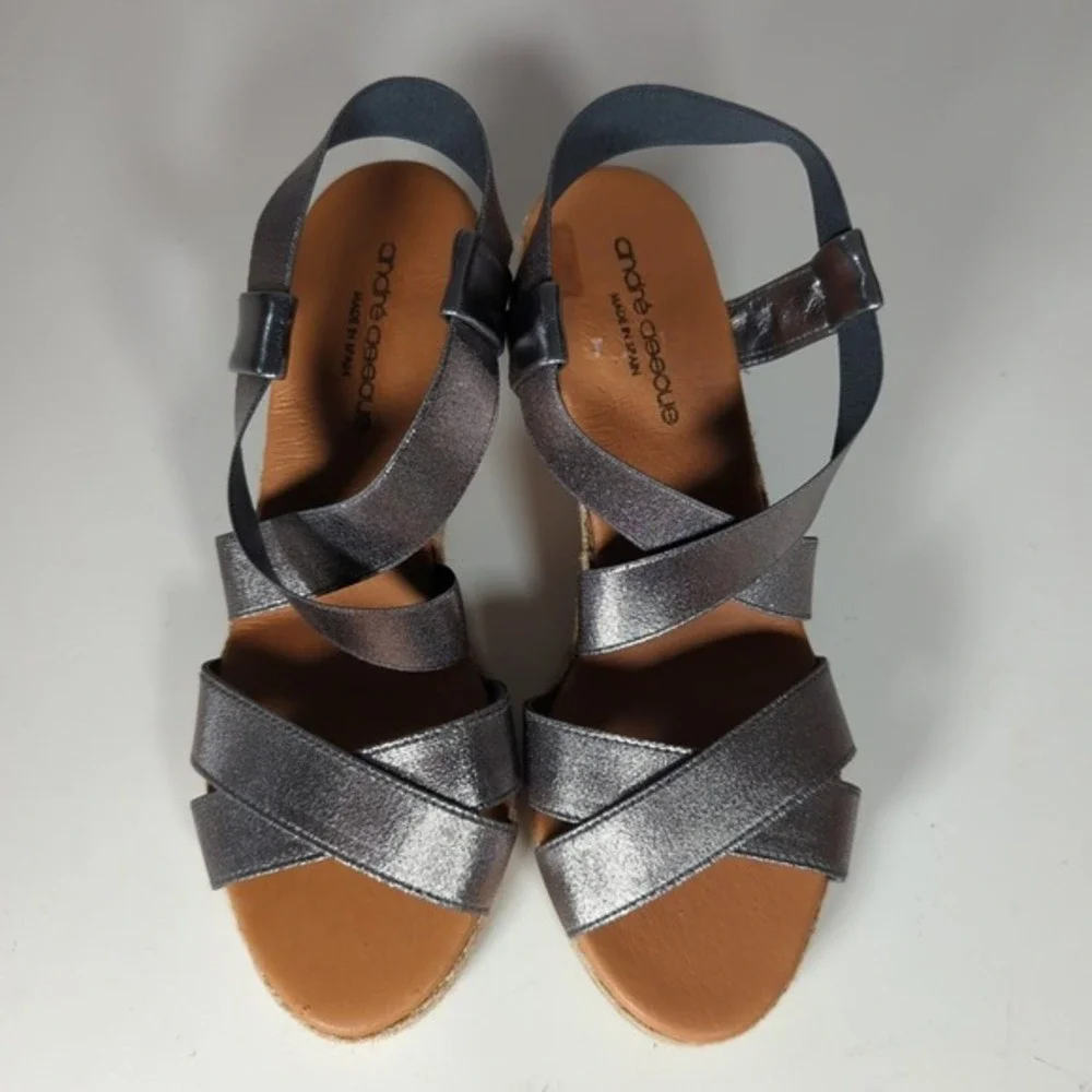 Andre Assous Leather Dalmira Espadrille Wedge Sandal Slingback Womens 9M Pewter‎